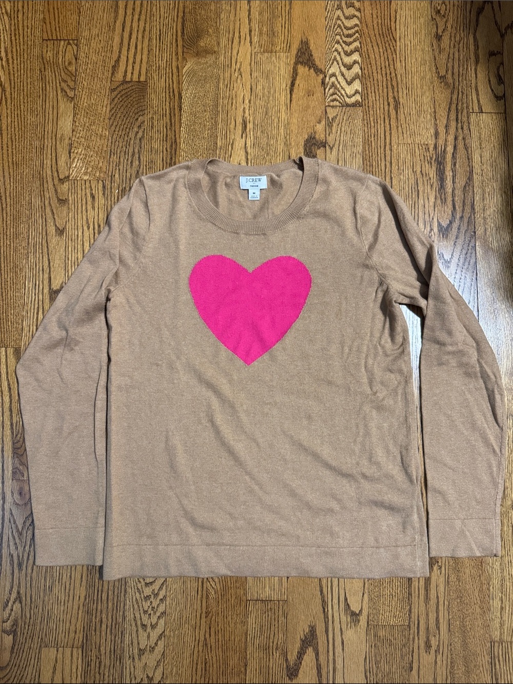 J. Crew Camel Sweater with Hot Pink Heart Graphic Brand new without tags
